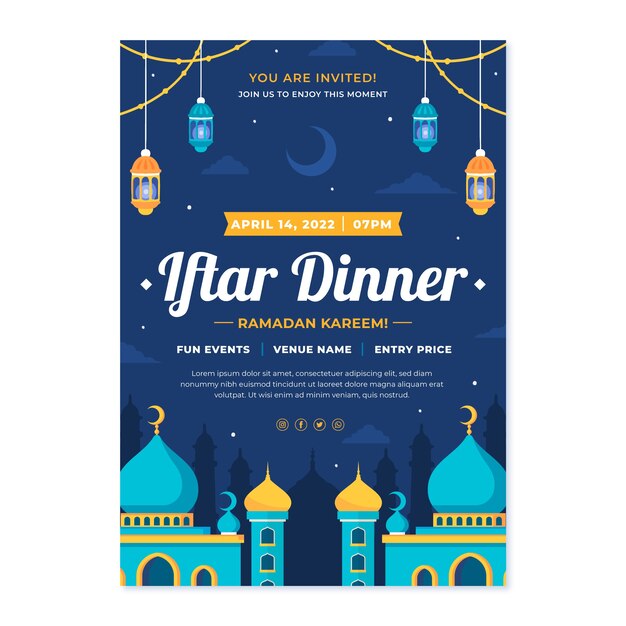 Invitación iftar plana dibujada a mano