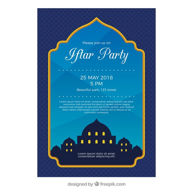 Invitación de iftar con silueta de mezquita en estilo plano