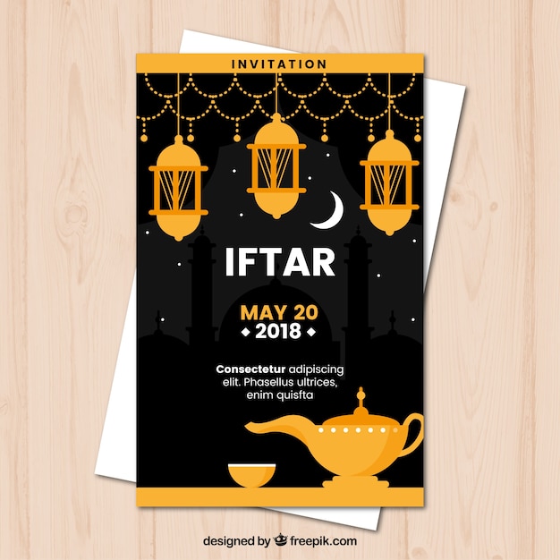 Vector gratuito invitación de iftar con tetera y té en estilo plano