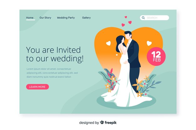Invitación linda de la página de aterrizaje de la boda