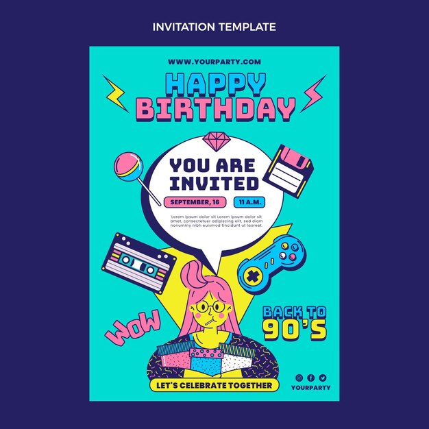 Invitación nostálgica de cumpleaños de los 90 dibujada a mano