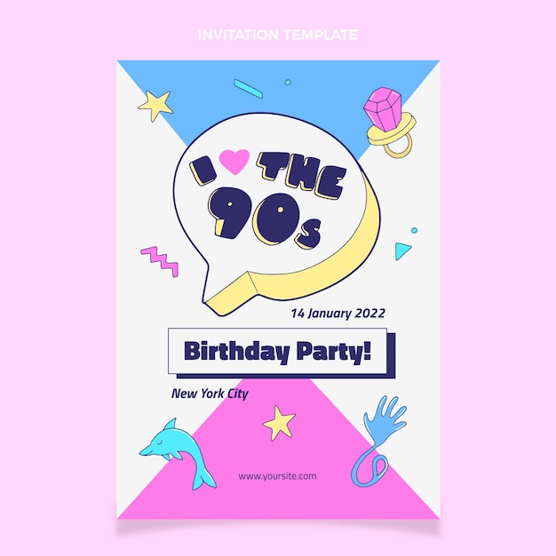 Vector gratuito invitación nostálgica de cumpleaños de los 90 dibujada a mano