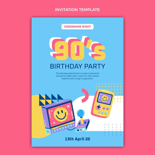 Invitación nostálgica de cumpleaños de diseño plano años 90