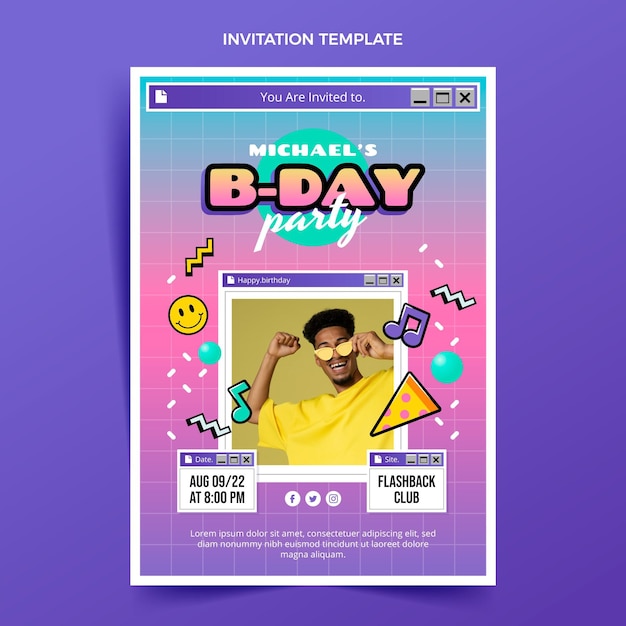 Invitación nostálgica de cumpleaños plana de los 90