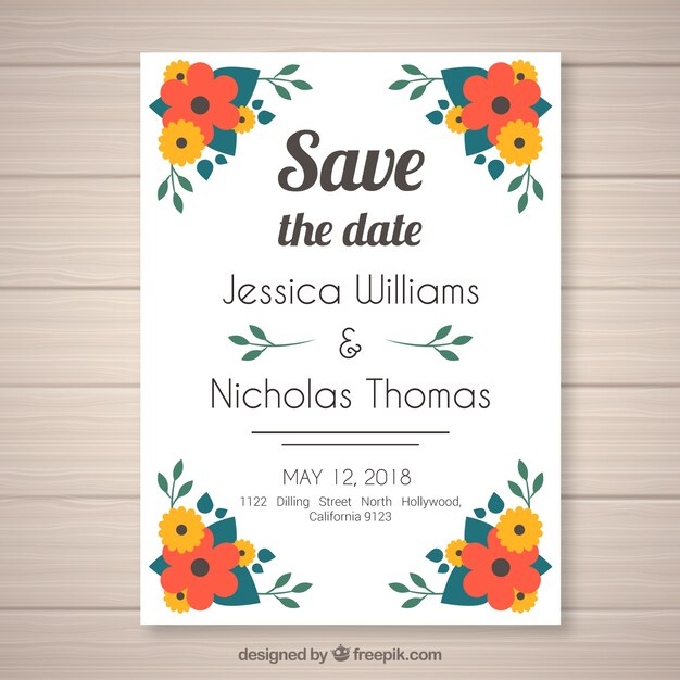 Invitación plana de boda con estilo floral