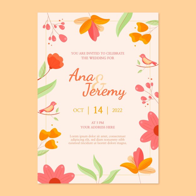 Invitación plana dibujada a mano de boda