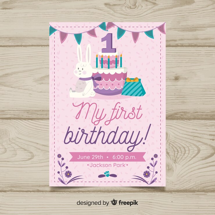 Vector gratuito invitación primer cumpleaños tarta regalos