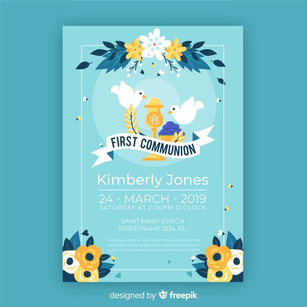 Invitación primera comunión palomas dibujadas a mano