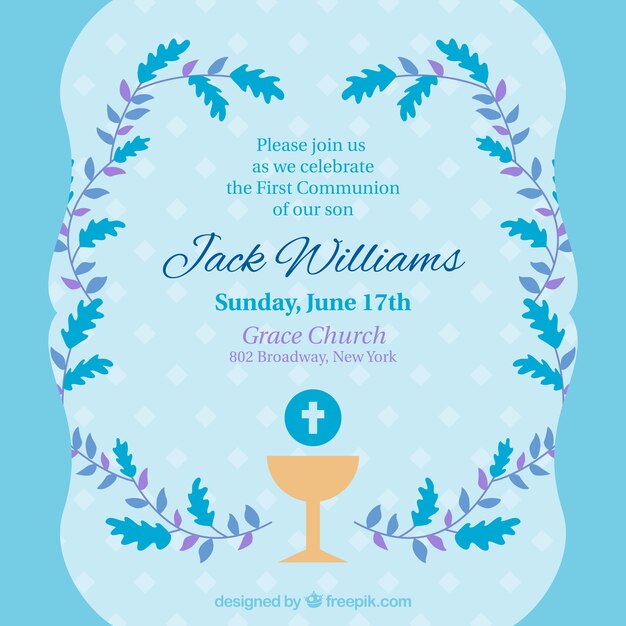 Invitación de primera comunión en tonos azules 