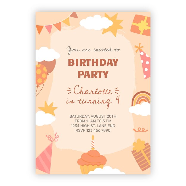 Invitación tarjeta fiesta infantil dibujada a mano
