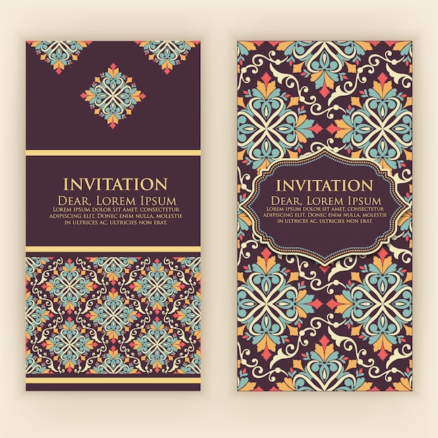 invitación, tarjetas con elementos étnicos arabescos. Diseño de estilo arabesco. Elegantes adornos florales abstractos. Anverso y reverso de la tarjeta. Cartas de negocios.