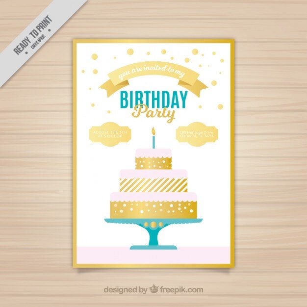 Invitación con tarta de cumpleaños dorada