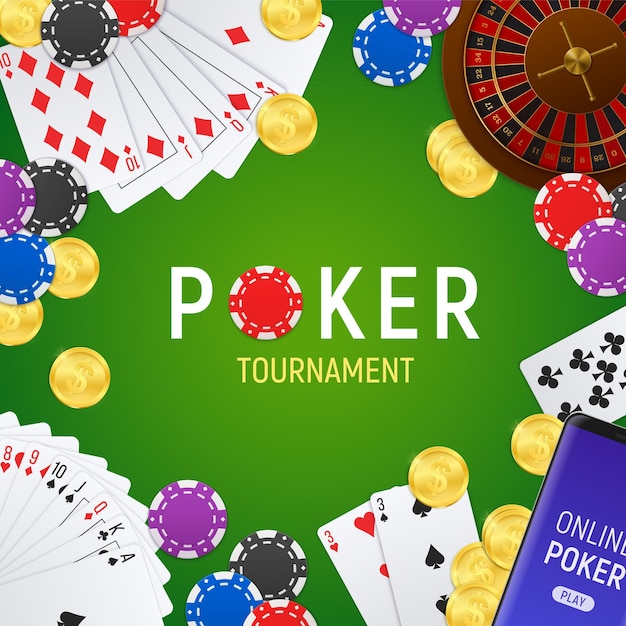 Invitación de torneo en línea del club de póquer marco realista de fondo verde con tarjetas