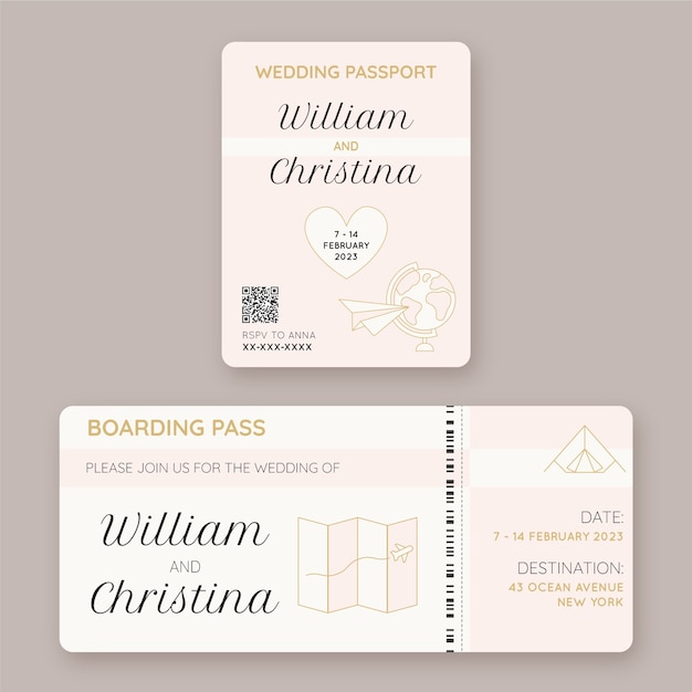 Invitaciones de boda de destino de diseño plano dibujadas a mano