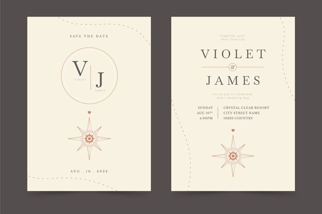 Invitaciones de boda de destino de diseño plano dibujadas a mano