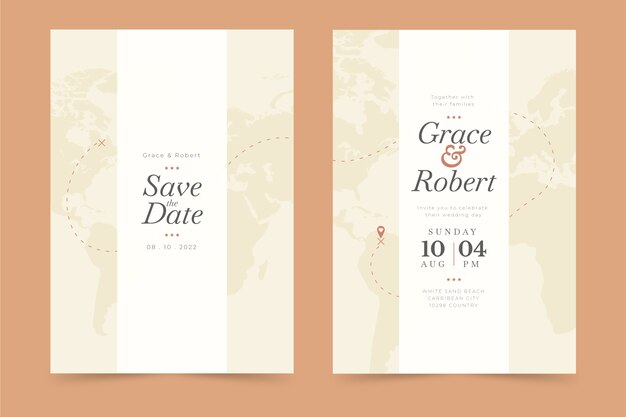 Invitaciones de boda de destino de diseño plano dibujadas a mano
