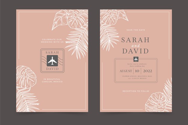 Invitaciones de boda de destino de diseño plano dibujadas a mano