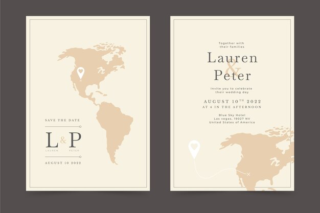 Invitaciones de boda de destino de diseño plano dibujadas a mano