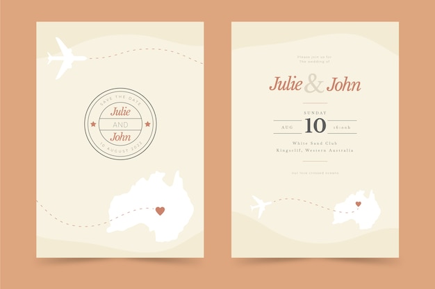 Invitaciones de boda de destino de diseño plano dibujadas a mano