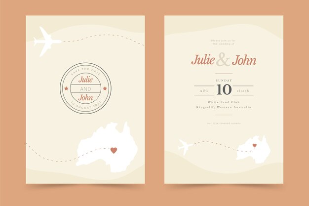 Invitaciones de boda de destino de diseño plano dibujadas a mano