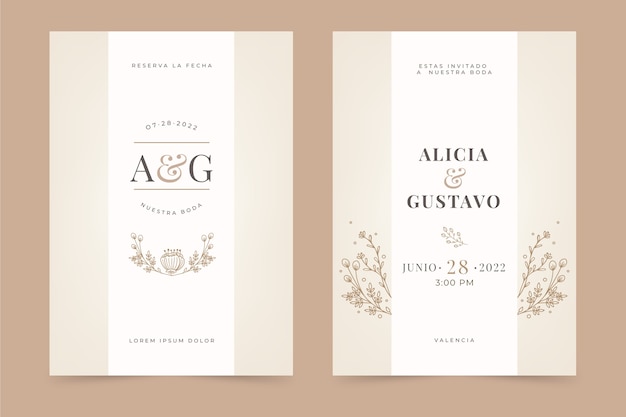 Vector gratuito invitaciones de boda de diseño plano dibujadas a mano en español