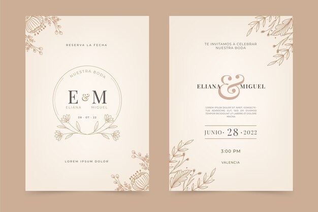 Invitaciones de boda de diseño plano dibujadas a mano en español
