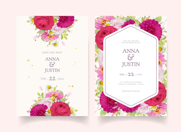 Vector gratuito invitaciones de boda elegantes con flores de acuarela rosa oscuro