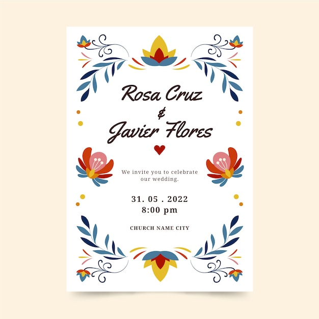 Invitaciones de boda mexicanas de diseño plano dibujadas a mano