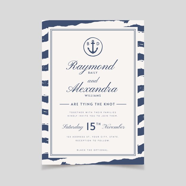 Invitaciones de boda náuticas de diseño plano dibujadas a mano