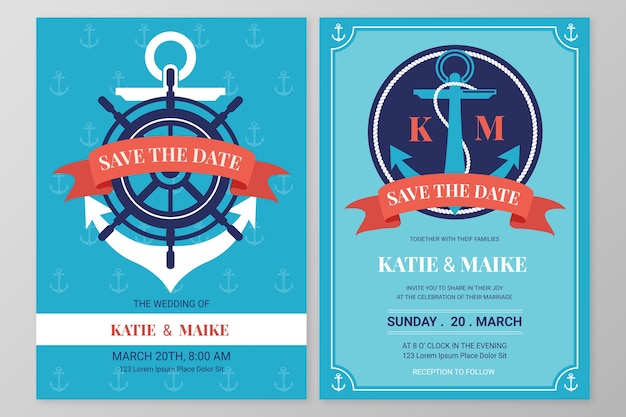 Invitaciones de boda náuticas de diseño plano