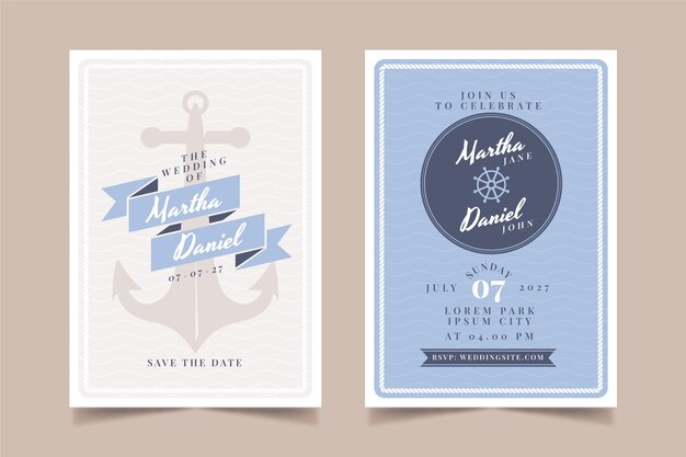 Invitaciones de boda náuticas de diseño plano