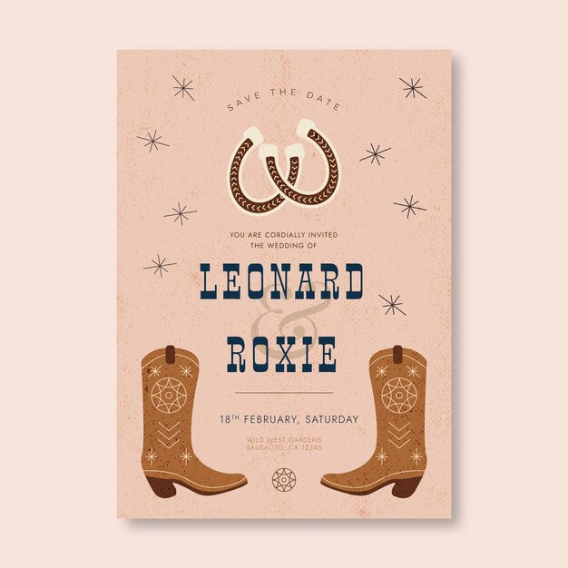 Invitaciones de boda occidentales de diseño plano dibujadas a mano