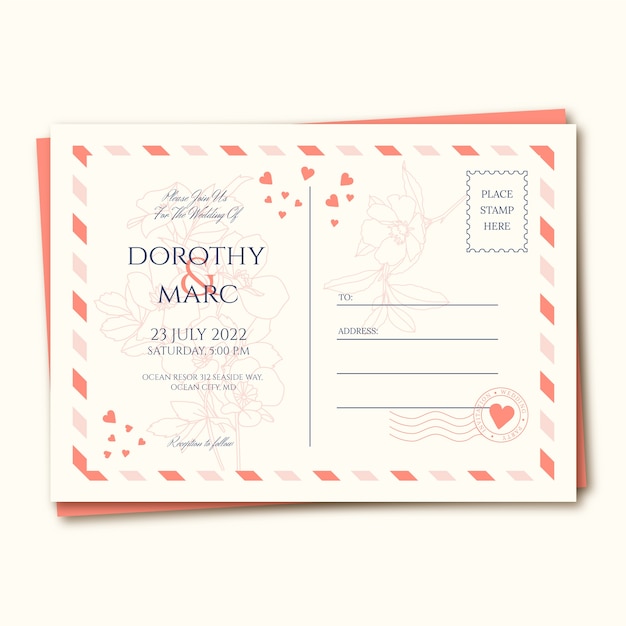 Vector gratuito invitaciones de boda de postal de diseño plano dibujadas a mano