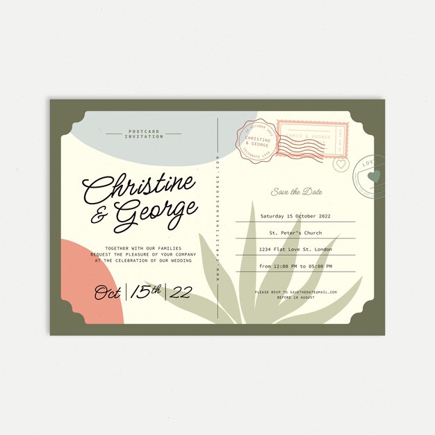 Invitaciones de boda de postal de diseño plano