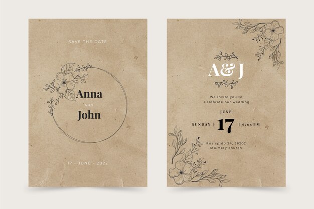 Invitaciones de boda rústicas dibujadas a mano