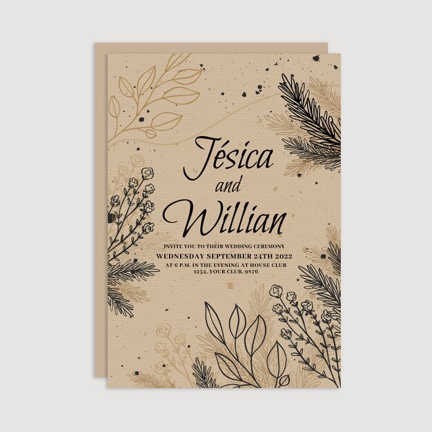 Invitaciones de boda rústicas dibujadas a mano