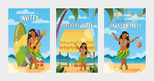 Invitaciones creativas a la ilustración de vector de fiesta hawaiana. Elementos tradicionales de Hawaii