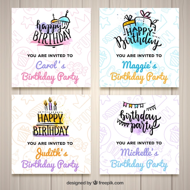 Invitaciones de cumpleaños con letras dibujadas a mano
