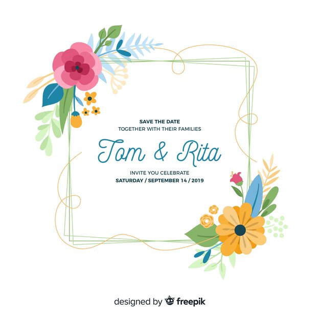 Invitatio de boda con marco floral en diseño plano