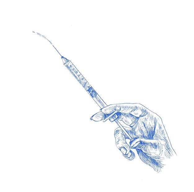 Inyección médica de la jeringa en la mano con conjunto de iconos médicos ilustración vectorial