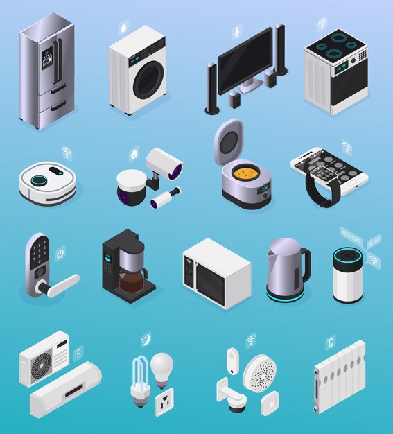 IOT Smart Home dispositivos electrónicos controlados a distancia colección de iconos isométricos con refrigerador TV estufa cafetera ilustración