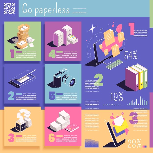Ir a infografías de color isométricas sin papel con documentos en papel y dispositivos electrónicos con archivos ilustración vectorial 3d