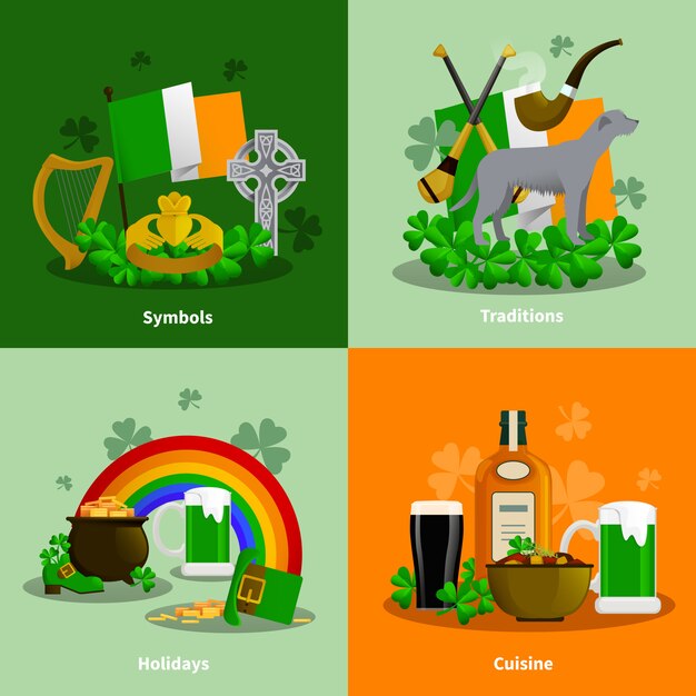 Irlanda 2x2 conjunto plano de tradiciones de cocina simbols holidays composiciones decorativas