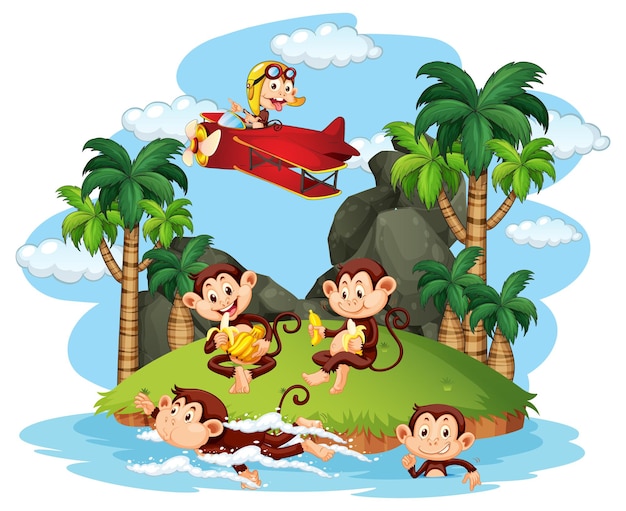 Isla aislada con monos traviesos haciendo diferentes actividades.