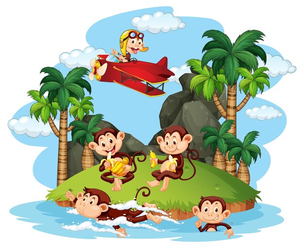 Isla aislada con monos traviesos haciendo diferentes actividades.