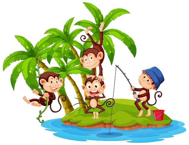 Isla aislada con muchos monos de dibujos animados