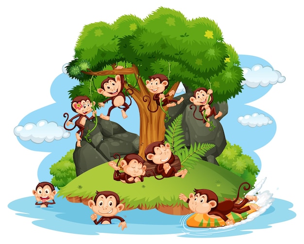 Isla aislada con muchos monos de dibujos animados