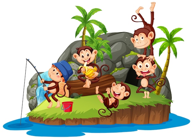 Isla aislada con muchos monos de dibujos animados