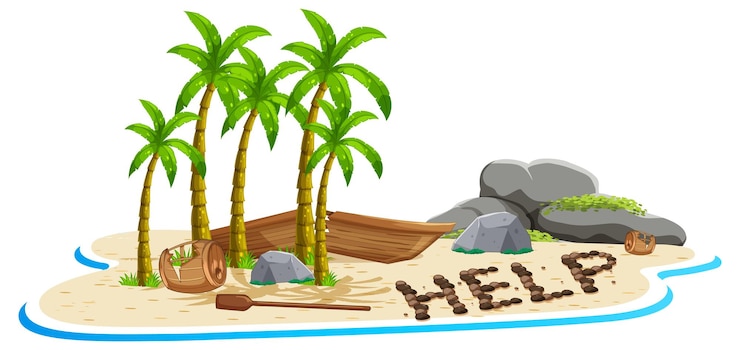 Vector gratuito isla desierta con un barco roto en la playa con la ayuda de si