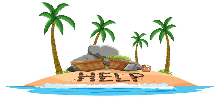 Vector gratuito isla desierta con bote roto tirado en la playa